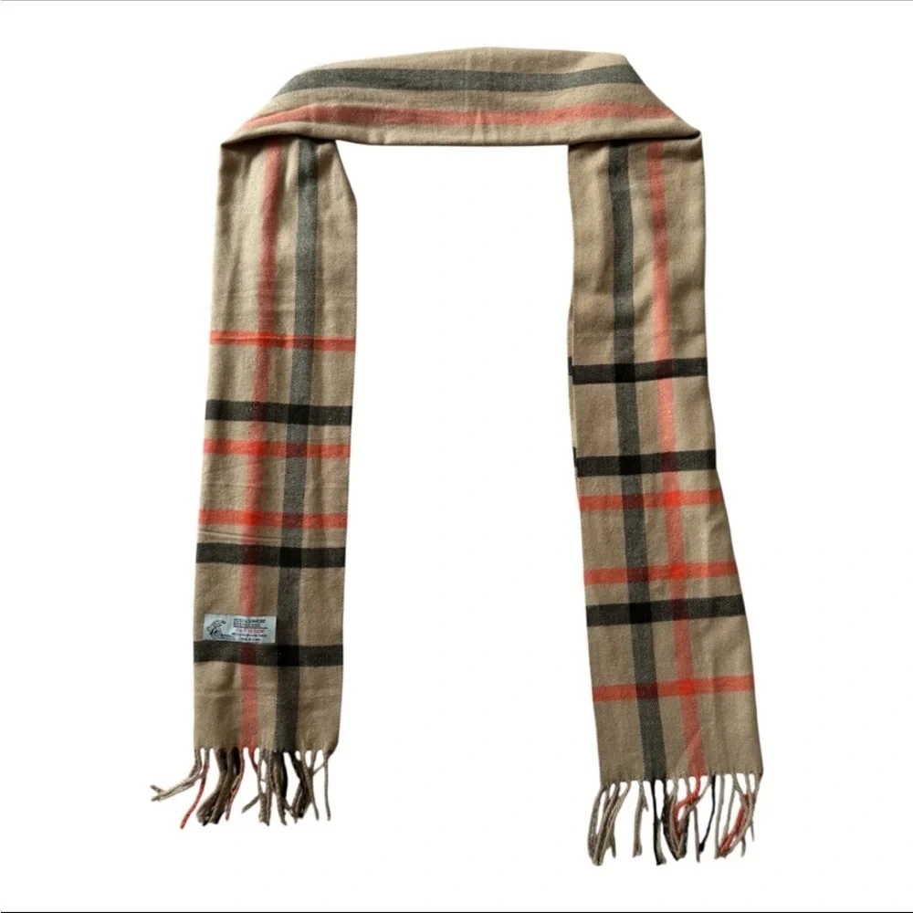 Italy Design Cashmere Blend Unisex Classic Beige, Orange & Black Checkered Scarf